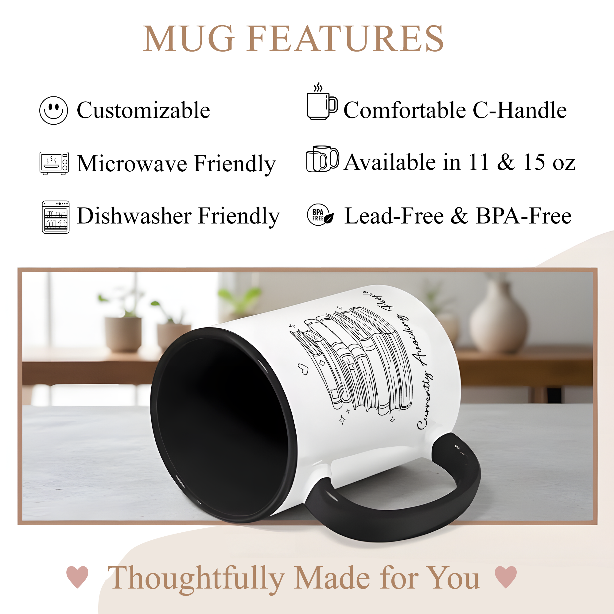 Cozy Reading Time Mug – Stack of Books Coffee Cup – Minimalist Book Lover Ringer Mug – Gift for Readers |Mug 98